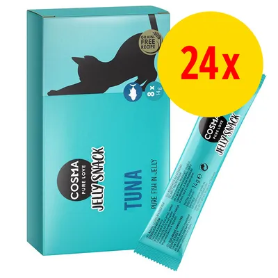 Cosma Jelly Snack tuna, pure fish in jelly, grain free recipe. Pack contains 8 x 14g sachets. Large yellow circle shows 24x offer.