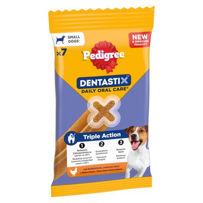 Pedigree Dentastix Daily Oral Care pienille koirille, 7 kpl. Triple Action: vähentää hammaskiven muodostumista, edistää terveempiä ikeniä, raikastaa hengitystä. Sisältää luonnollista kanaa.