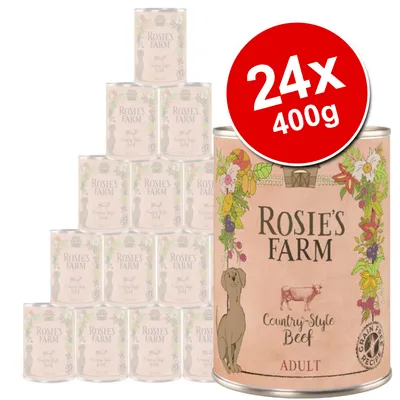 Rosie’s Farm Country-Style Beef Adult, 24 x 400g tins. Grain free recipe visible on packaging. Large red circle with white text: 24x 400g.