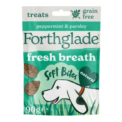 Treats with peppermint and parsley, grain free, fresh breath, soft bites, natural, 90g. Treats with peppermint and parsley, grain free, fresh breath, soft bites, natural, 90g.