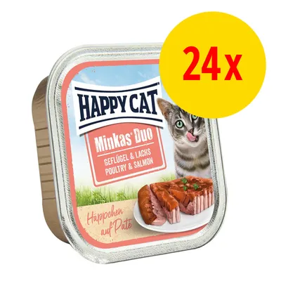 Happy Cat Minkas Duo fågel och lax, bitar på paté, 24 portionsskålar. Bild visar förpackning med katt och serverad produkt.