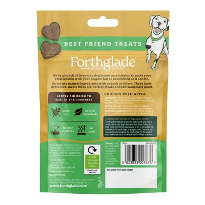 Forthglade Best Friend Treats, chicken with apple flavour. Grain free, natural ingredients, no junk or fillers, air dried. Feeding guide and recycling information shown on packaging.