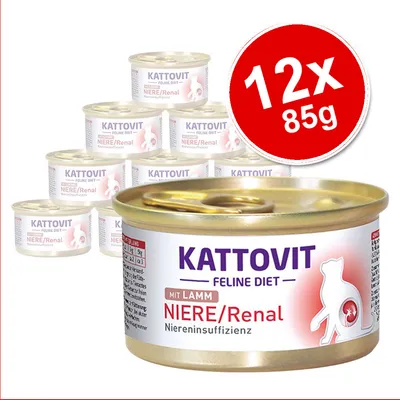 Kattovit Feline Diet NIERE/Renal with lamb, 12 x 85g tins. Visible text includes 'Niereninsuffizienz' and product branding. Packaging shows a cat outline graphic. Kattovit Feline Diet NIERE/Renal with lamb, 12 x 85g tins. Visible text includes 'Niereninsuffizienz' and product branding. Packaging shows a cat outline graphic.