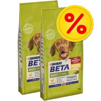 Two bags of Purina Beta Adult with chicken, highlighting new improved recipe, natural prebiotic for digestive health, no added artificial colours, flavours or preservatives, and a percentage discount symbol. Two bags of Purina Beta Adult with chicken, highlighting new improved recipe, natural prebiotic for digestive health, no added artificial colours, flavours or preservatives, and a percentage discount symbol.