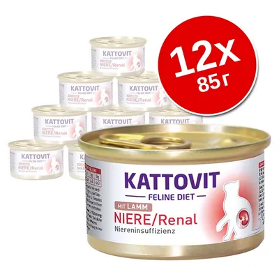 Консервы Kattovit Feline Diet NIERE/Renal mit Lamm, упаковка 12×85 г. Видны банки с этикеткой и надписью на немецком языке. Консервы Kattovit Feline Diet NIERE/Renal mit Lamm, упаковка 12×85 г. Видны банки с этикеткой и надписью на немецком языке.