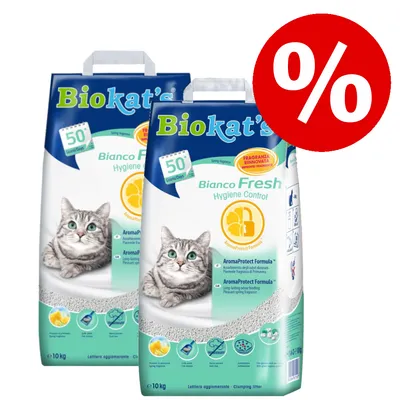 Biokat's Bianco Fresh Hygiene Control Katzenstreu, 2 x 10 kg, AromaProtect Formula, Frühlingsduft, Vorteilspack mit Prozentzeichen für Rabattaktion.