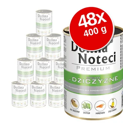 Dolina Noteci Premium vad ízesítésű konzerv, 48×400 g. Címkén: rizs barna, bazsalikom, sárgarépa, lenmagolaj képei és feliratai.