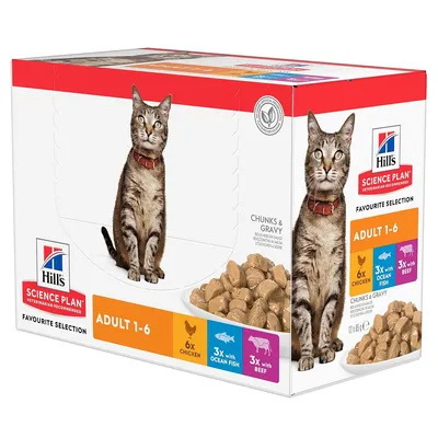 Hill's Science Plan Adult 1-6 kattenvoer, Favourite Selection, stukjes & saus, 6x kip, 3x vis, 3x rund, aanbevolen door dierenartsen.