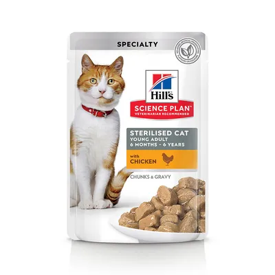 Hill's Science Plan Sterilised Cat Young Adult 6 months–6 years with Chicken, Chunks & Gravy. Sobre con imagen de gato y comida húmeda en trozos. Sello: sin conservantes artificiales.