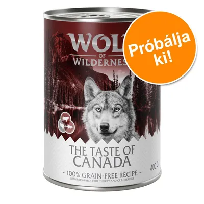 Wolf of Wilderness The Taste of Canada 400 g konzerv, 100% grain-free recipe, Próbálja ki! felirat narancssárga körben a dobozon