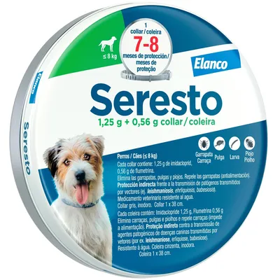 Collar Seresto para perros de hasta 8 kg, 1,25 g + 0,56 g, protección contra garrapatas, pulgas y piojos, eficaz durante 7-8 meses. Elanco. Resistente al agua, sin olor, 1 x 38 cm.