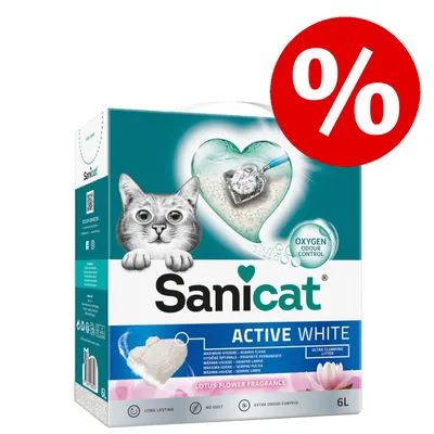 Sanicat Active White stelivo pre mačky, 6 l, s vôňou lotosového kvetu, Oxygen Odour Control, ultra hrudkujúce, bezprašné, dlhotrvajúce.