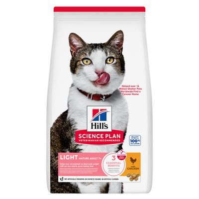 Sac Hill's Science Plan Light Mature Adult 7+ pour chat, avec poulet, 20 % moins de calories que Hill’s Science Plan Mature Adult, sans conservateurs ni colorants artificiels visibles.