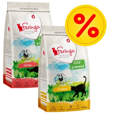 Feringa kattenvoer, 400 g zakken: Turkey en Chicken, 75% Meat, Cold-pressed. Actie-aanbieding aangeduid met groot geel procentteken.