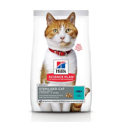Hill's Science Plan Sterilised Cat Young Adult 6 Months–6 Years with Tuna macskatáp csomagolás, sterilizált fiatal felnőtt macskáknak, tonhallal. Látható márkanév és termékinformációk.