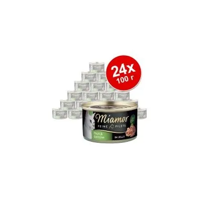 Комплект 24 консерви Miamor Fine Fillets за котки, всяка по 100 г. Видими са кутиите и надписът „24x 100 г“ върху червен кръг.