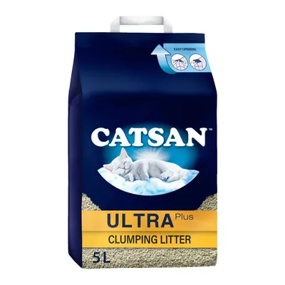Bag labelled Catsan Ultra Plus Clumping Litter, 5 litres, with easy opening instructions shown at the top corner.