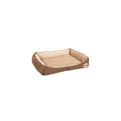 Cuscino rettangolare per animali, tessuto marrone e beige, bordo rialzato, impronta di zampa visibile su un lato.