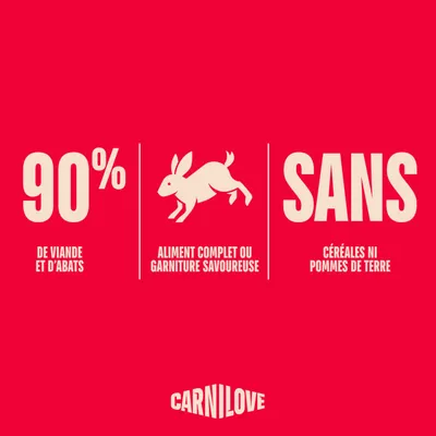 90 % de viande et d’abats, aliment complet ou accompagnement savoureux, sans céréales ni pommes de terre. Carnilove. 90 % de viande et d’abats, aliment complet ou accompagnement savoureux, sans céréales ni pommes de terre. Carnilove.