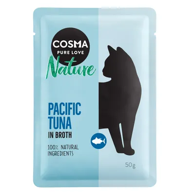 Cosma Nature Pacific Tuna in Broth, ingredienti 100% naturali, 50g. Sagoma di gatto e simbolo di pesce su confezione azzurro chiaro.