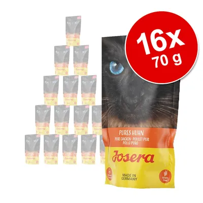 Lot de 16 sachets Josera Pures Huhn, 70 g chacun, pour chat. Texte visible : Pure Chicken – Poulet pur – Pollo puro, Made in Germany, Grain-free.