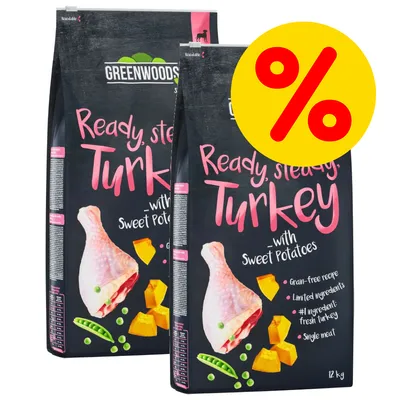 Two bags of Greenwoods Ready, Steady, Turkey with Sweet Potatoes, showing grain-free recipe, limited ingredients, fresh turkey as main ingredient, single meat, 12kg each, special offer symbol.