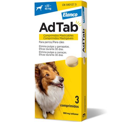 Elanco AdTab, 3 comprimidos masticables de 900 mg de lotilaner para perros de más de 22 hasta 45 kg. Eficaz contra pulgas y garrapatas, efecto durante 30 días.