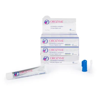 Orozyme Gel dentífrico enzimático pentru igienă orală, 70 g, cutii și tub vizibile, include periuță de dinți albastră și aplicator alb. Text în spaniolă pe ambalaj.