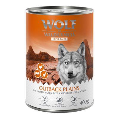 Tin labelled 'The Taste of the Mediterranean', 100% grain-free recipe, 400g. Includes icons for animal silhouettes and text 'Wolf of Wilderness'.
