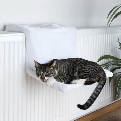 Cat bed made of white fabric, attached to a radiator. A grey-striped cat is lying relaxed on it.
