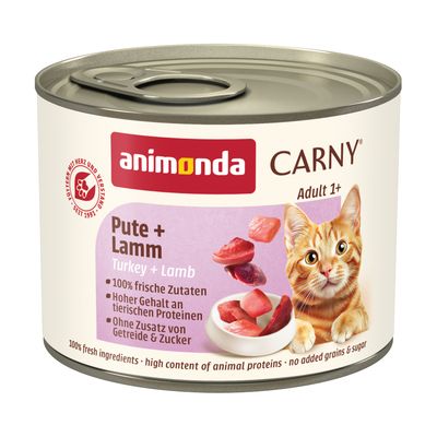 Animonda Carny Adult, vacuno, pollo y corazones de pato, 100% ingredientes frescos, sin cereales, hecho en Alemania, con taurina. Paquete de 12 latas.