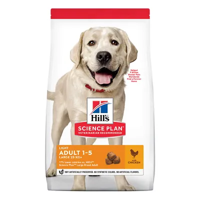 Sac Hill's Science Plan Light Adult 1–5 Large 25 kg+ au poulet, 17 % moins de calories, sans conservateurs ni colorants ou arômes artificiels. Texte en anglais sur l'emballage.