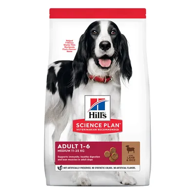 Hill's Science Plan Adult 1–6 Medium 11–25 kg, croquettes pour chien, avec agneau et riz. Texte en anglais : supports immunity, healthy digestion and lean muscles in adult dogs.