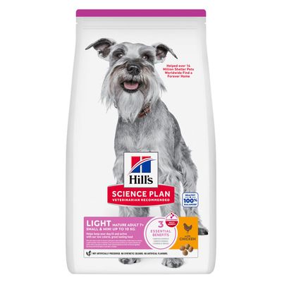 Hill's Science Plan Light Mature Adult 7+ Small & Mini tot 10 kg met kip. Laag caloriegehalte, antioxidanten voor oudere kleine honden. Zonder kunstmatige toevoegingen.