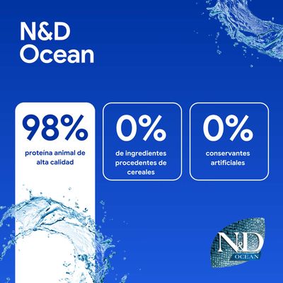N&D Ocean: 98% proteínas animales de alta calidad, 0% ingredientes de cereales, 0% conservantes artificiales.