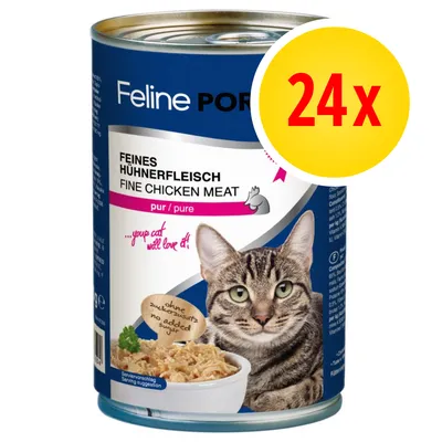 Feline Porta 21, carne de pollo fina, pur/pure, sin azúcares añadidos, pack de 24 latas. Imagen de un gato y cuenco con comida en la etiqueta.
