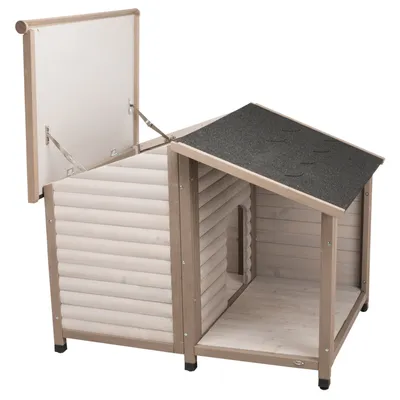 Houten hondenhok met opklapbaar dak, grijs shinglesdak en overdekte ingang. Zichtbaar: stevige metalen beslag en verhoogde poten.