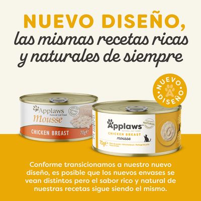NUEVO DISEÑO, las mismas recetas ricas y naturales de siempre. Applaws Mousse Chicken Breast 70g. Conforme transicionamos a nuestro nuevo diseño, el sabor sigue siendo el mismo.