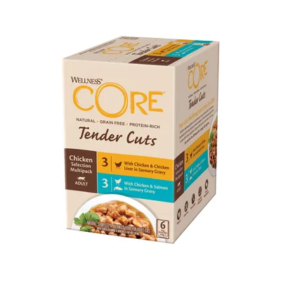 Wellness CORE Tender Cuts Chicken Selection Multipack, 3 pouches with chicken and chicken liver in savoury gravy, 3 pouches with chicken and salmon in savoury gravy, for adult cats. Wellness CORE Tender Cuts Chicken Selection Multipack, 3 pouches with chicken and chicken liver in savoury gravy, 3 pouches with chicken and salmon in savoury gravy, for adult cats.