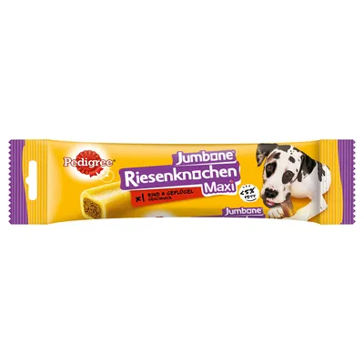 Pedigree Jumbone Riesenknocken Maxi, emballage jaune avec un chien, goût bœuf et volaille, moins de 5 % de matières grasses, texte en allemand sur l’emballage.