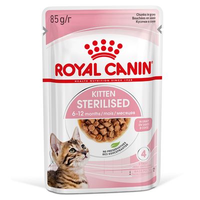 ROYAL CANIN Kitten Sterilised, 6–12 months, 85g, Chunks in Gravy, without preservatives, Stage 4 after sterilisation.