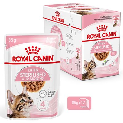 Royal Canin Kitten Sterilised 6-12 Months, 12 x 85g pouches, tender pieces in gravy, suitable for milk teeth, Stage 4.