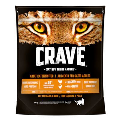 CRAVE Adult kattenvoer, met kalkoen & kip, hoog eiwitgehalte, meer dan 60% dierlijke ingrediënten, met vers kippenvlees, graanvrij. Gewicht: 1,4 kg.