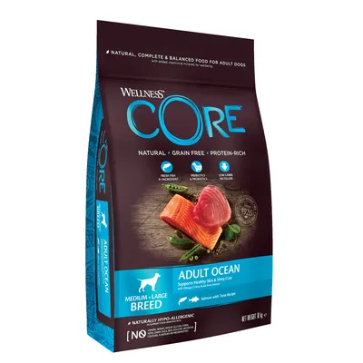 Wellness CORE Adult Ocean, natural grain free protein-rich food for medium and large breeds, with fresh fish, prebiotics, probiotics, low carbs, salmon with tuna recipe, 10kg bag.