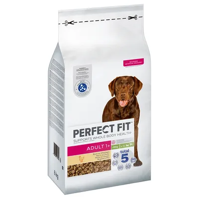 Perfect Fit Adult 1+ koiranruoka, runsaasti kanaa, yli 10 kg koirille. Tukee kokonaisvaltaista terveyttä Total 5 -kaavalla. Ei keinotekoisia väriaineita. Pakkauskoko: 6 kg.