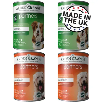 Four tins of Arden Grange Partners food in lamb with rice and chicken with rice varieties, labelled as naturally hypoallergenic. Badge states Made in the UK. Four tins of Arden Grange Partners food in lamb with rice and chicken with rice varieties, labelled as naturally hypoallergenic. Badge states Made in the UK.