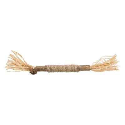Bâton en bois avec extrémités en fibres naturelles et partie centrale entourée de corde, sans marque visible.