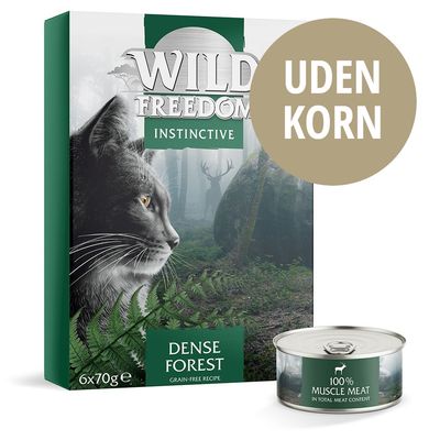 Wild Freedom Instinctive Dense Forest kattefoder 6x70g, uden korn. Dåse med tekst: 100 % muscle meat in total meat content. Grain-free recipe.