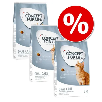 Concept for Life Oral Care 3 kg macskaeledel csomag, három zacskó, piros százalékos akciójelzés látható a képen.