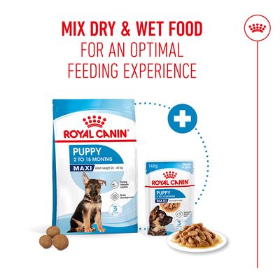 Royal Canin Puppy Maxi tør- og vådfoder, Bemærk: Blandingen af tør- og vådfoder giver en optimal fodringsoplevelse. Til hvalpe fra 2, til 15 måneder.